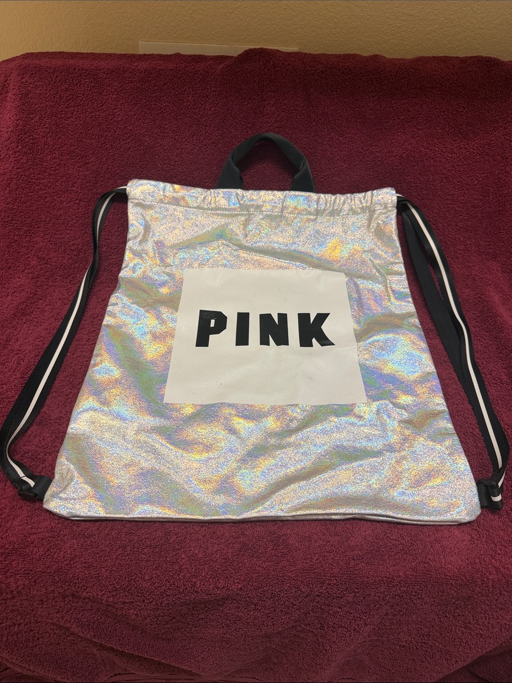 PINK Victoria's Secret Holographic Drawstring Backpack/ Silver
